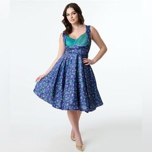 Dolly & Dotty 1950s Purple & Teal Peacock Print Grace Swing Dress Size 6 Retro